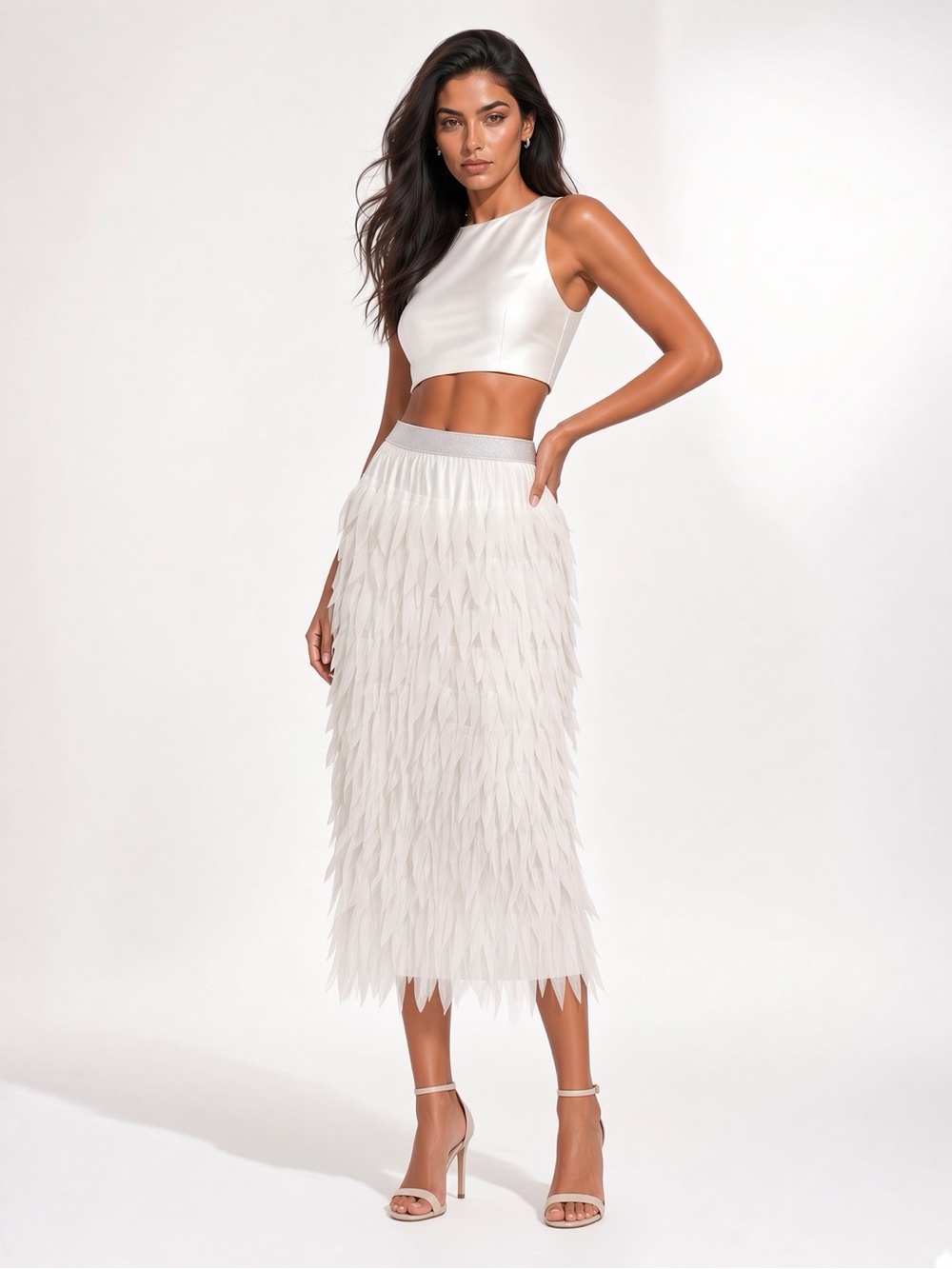Gabby Isabella White Petal Skirt Layered Fringe Silver Band Midi XL